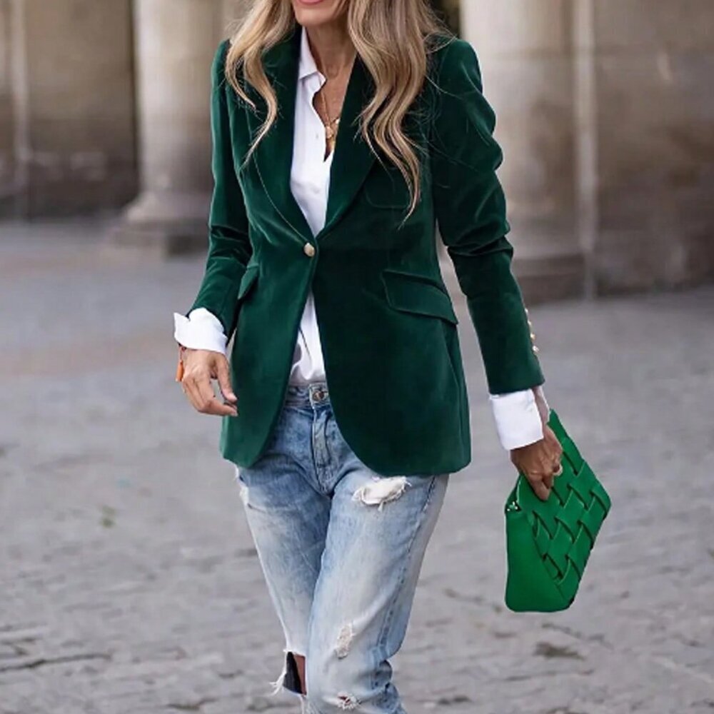 Green Casual Women's Premium Velvet Blazer jacket - Picture 2 of 5